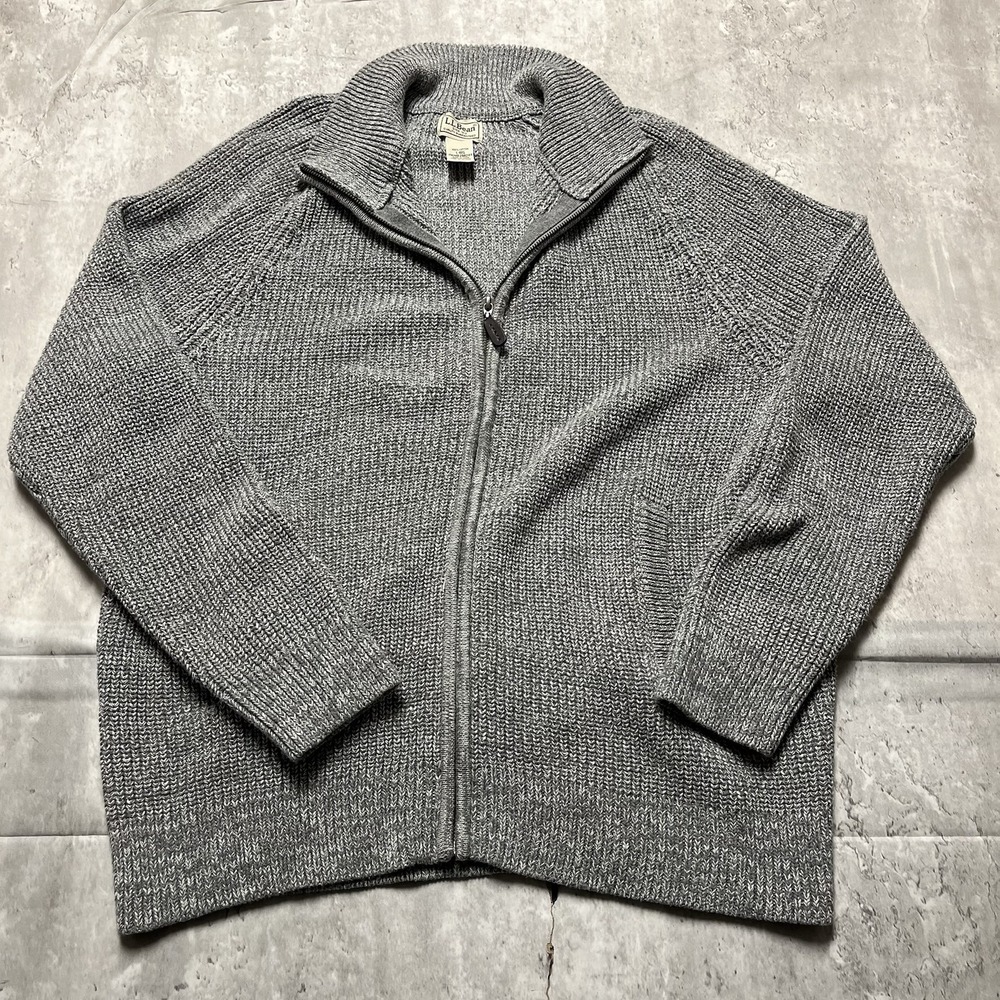 LL Bean Oragnic Cotton Waffle Knit Mens Large Gray Full Zip Sweater Jacket